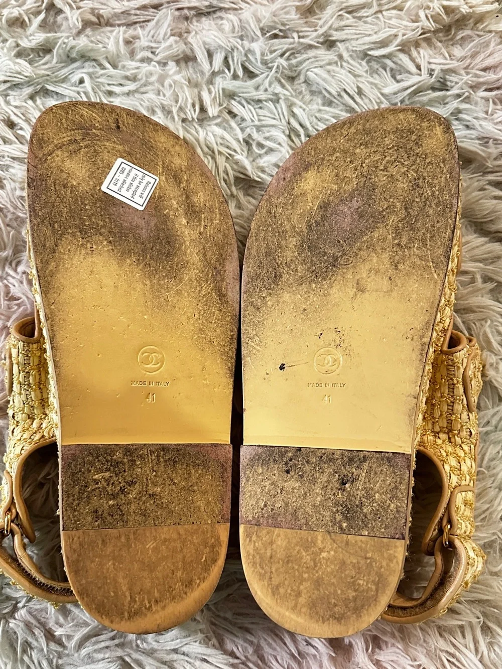 Chanel Authentic Raffia Pearl Velcro Dad Sandals Size 41